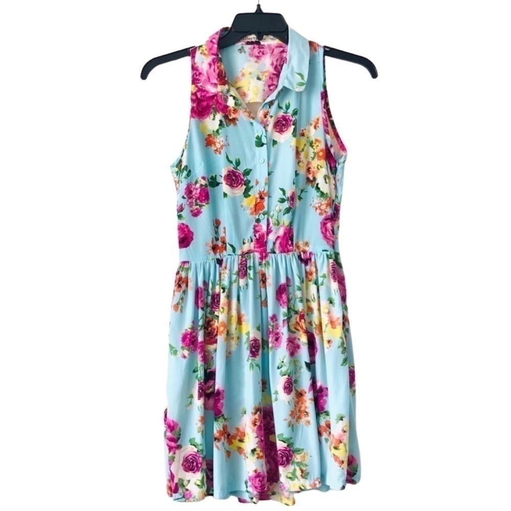 Liberty Love Aqua Floral Tropical Open Back Skater  Buttoned Down Shirt Dress
